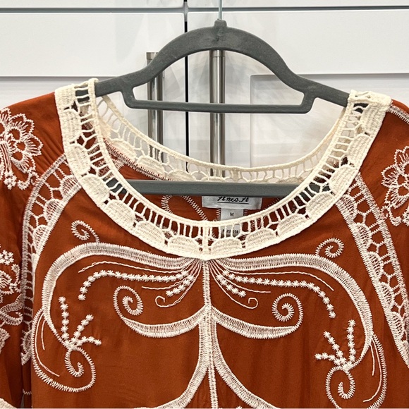 Ania A. Burnt Orange Scalloped Bell Sleeve Embroidered BOHO Top - Picture 2 of 10